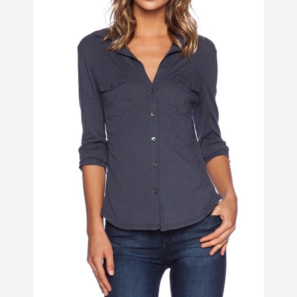 James Perse Navy Cotton Slub Side Panel Button-Down Shirt - Picture 1 of 10